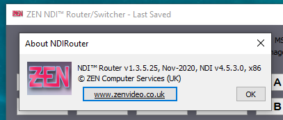 The "About" dialog box in ZEN NDI Router