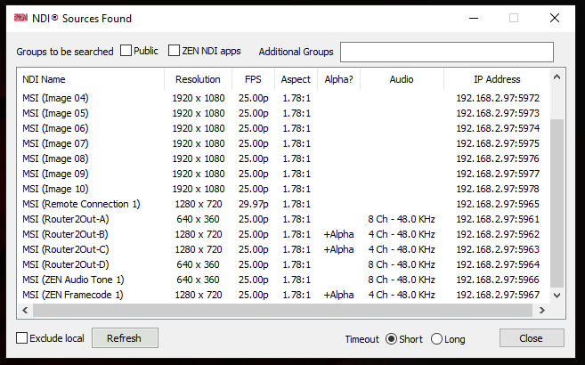 Search tool which lists info about NDI® sources found.
