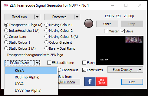 NDI Framecode Generator colour format menu
