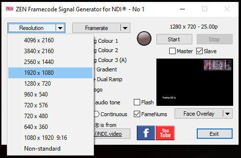 NDI Framecode Generator pixel resolution menu